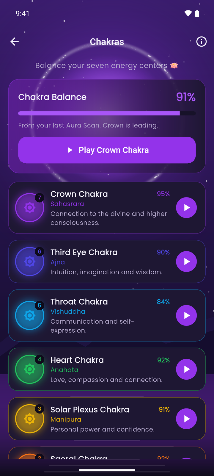 Chakras screen showing all seven chakras